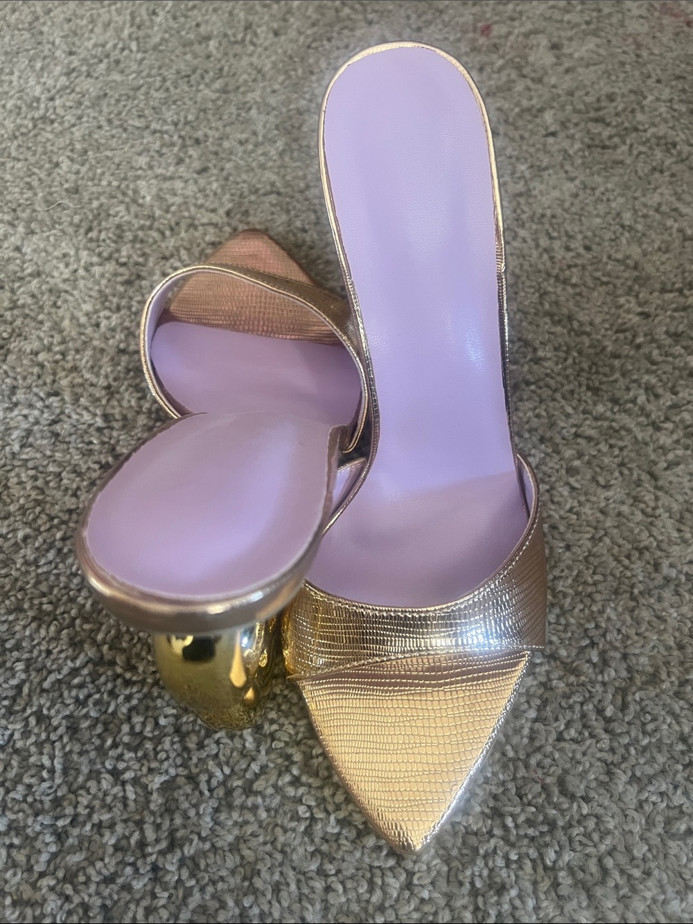 Gold Pointed Toe Mules with Lavender Insole